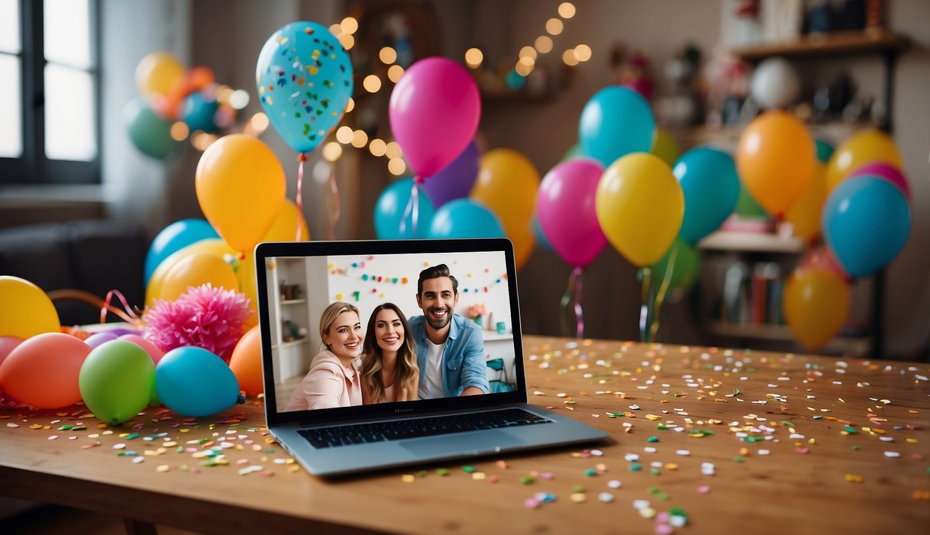 A colorful, handwritten birthday card with a humorous message, surrounded by confetti and balloons, sits on a table. A computer screen shows a video call with a best friend laughing at the message