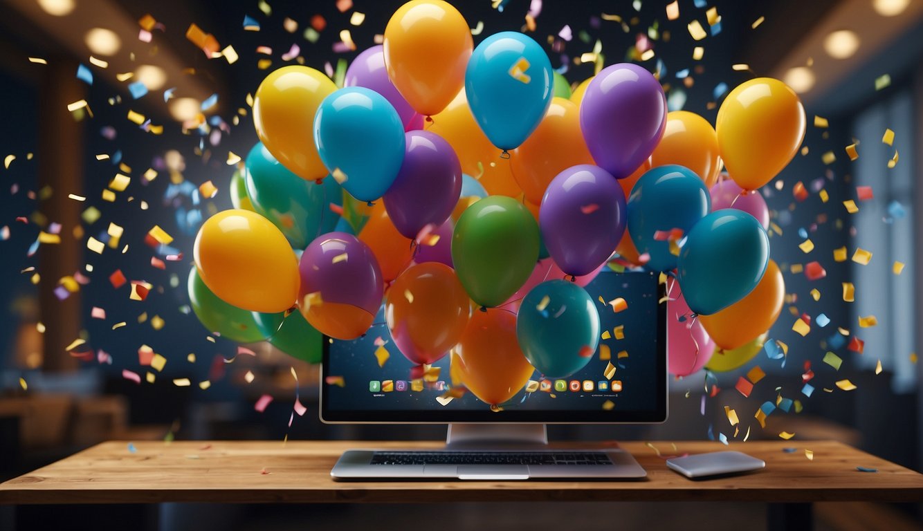 A group of colorful balloons and confetti flying through the air, with a long-distance call and a computer screen showing funny birthday messages for a best friend
