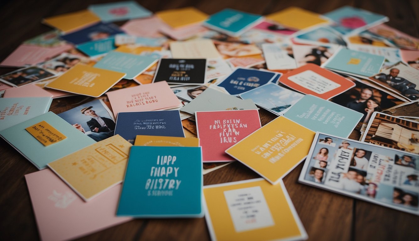 A colorful array of birthday cards with humorous quotes and one-liners, surrounded by images of friends connecting across long distances
