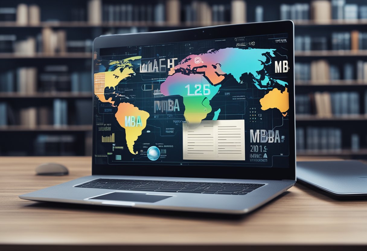 A laptop displaying top online MBA in IT programs, surrounded by tech books, a globe, and a futuristic digital interface