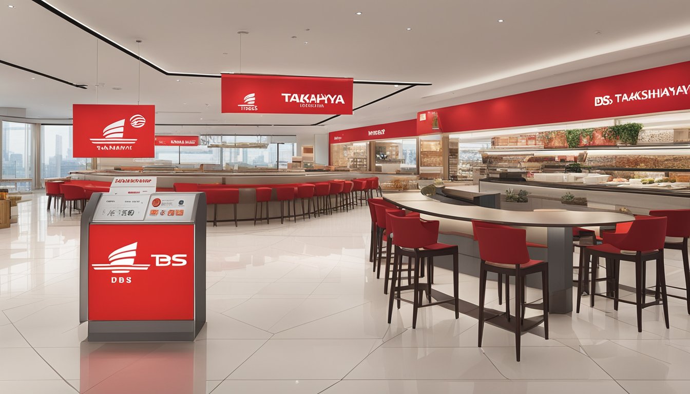 The DBS Takashimaya card sits on a sleek, modern table with the Takashimaya logo in the background. The card features a bold, red design with the DBS and Takashimaya logos prominently displayed