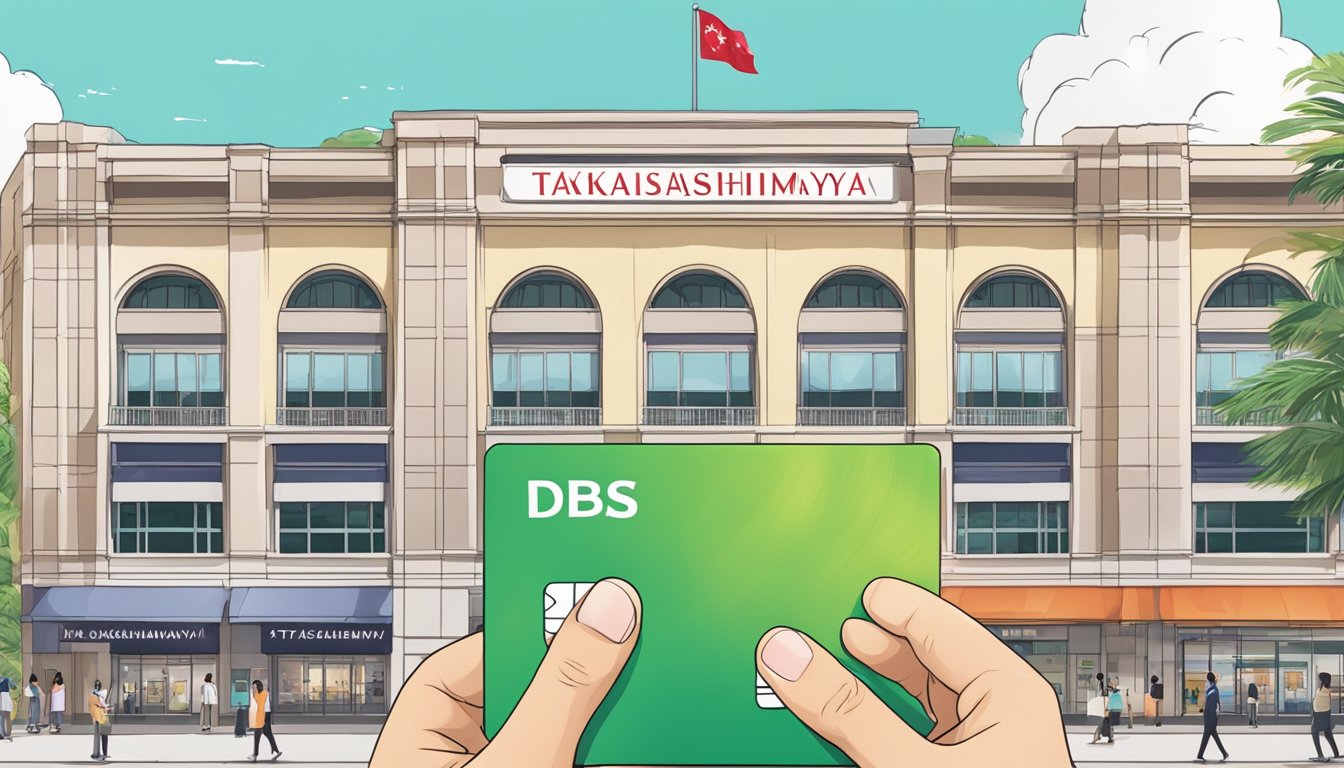 A hand holding a dbs takashimaya credit card with a background of the takashimaya department store in Singapore