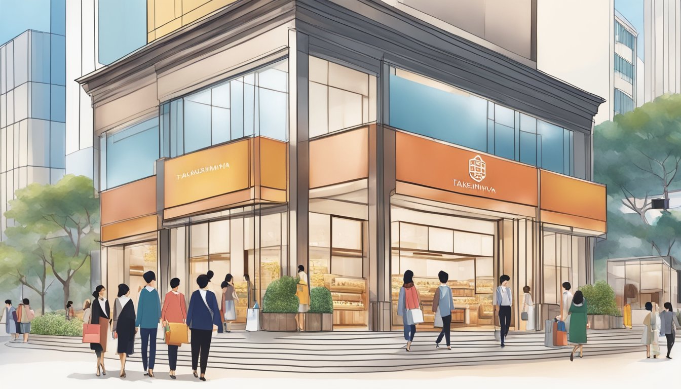 A luxurious shopping scene with a prominent Takashimaya storefront, showcasing exclusive cardholder benefits and perks for DBS Takashimaya Credit Card holders