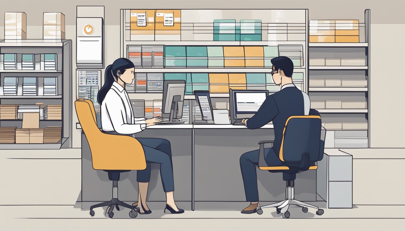 A customer service representative assists a client with a Takashimaya credit card at a desk in Singapore's DBS branch