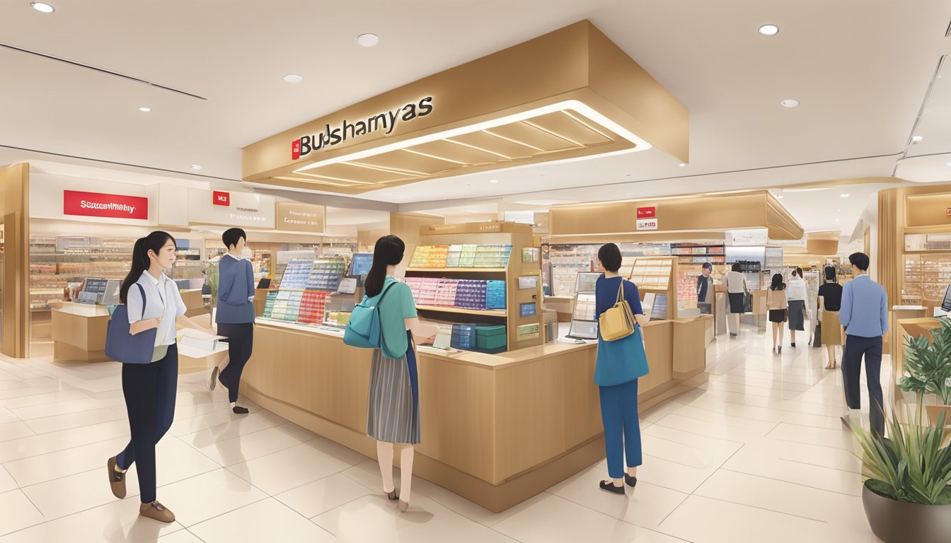 A bustling Takashimaya store in Singapore, with a prominent display of DBS credit cards. Customers approach the information desk with inquiries
