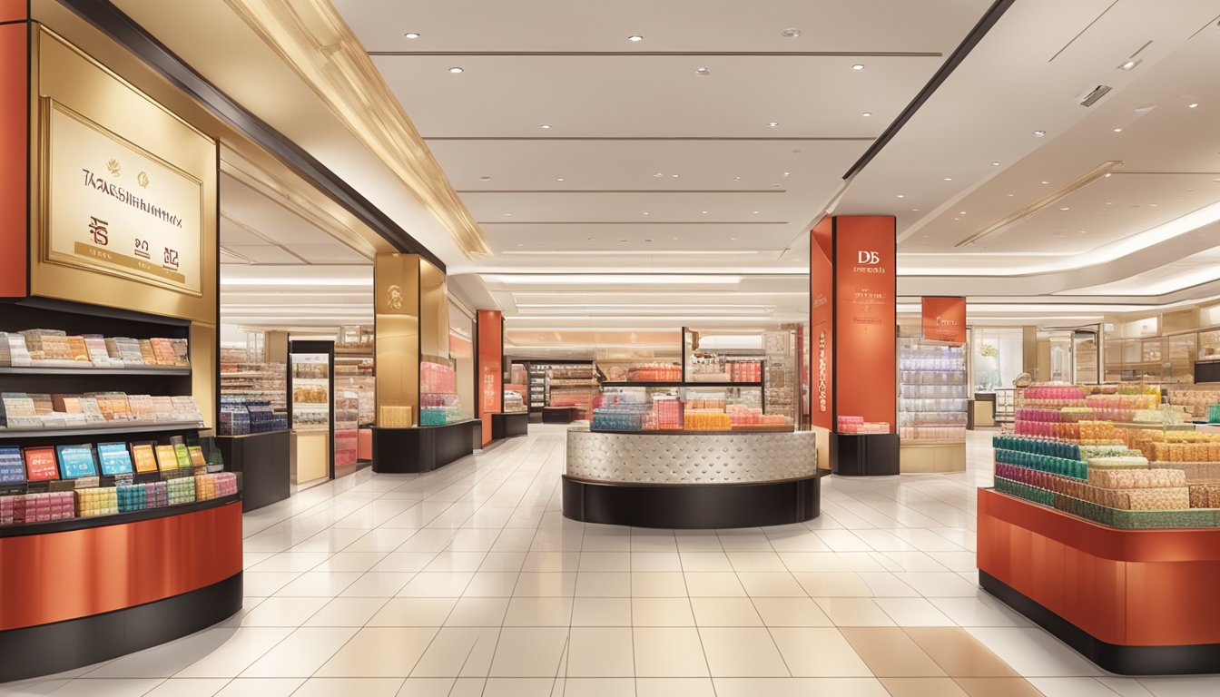 A luxurious scene of a Takashimaya store with a prominent display of the DBS Takashimaya debit card, surrounded by exclusive benefits and promotions signage