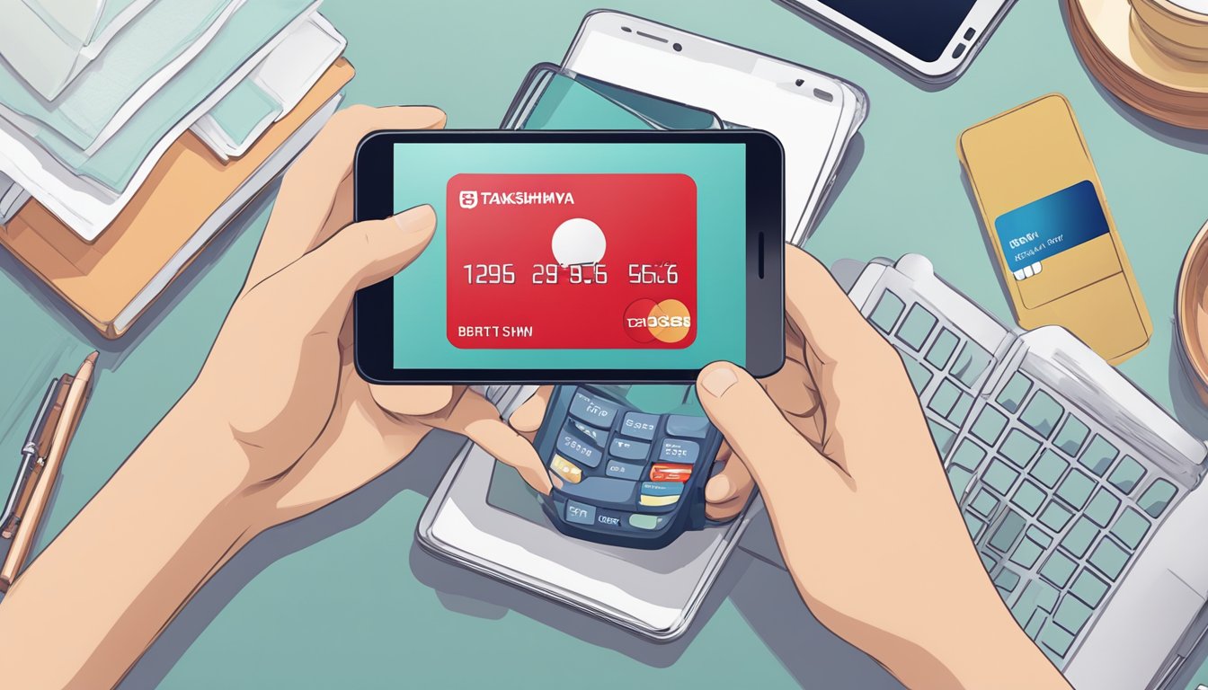 A hand holding a DBS Takashimaya debit card, with a digital banking interface displayed on a smartphone or computer screen