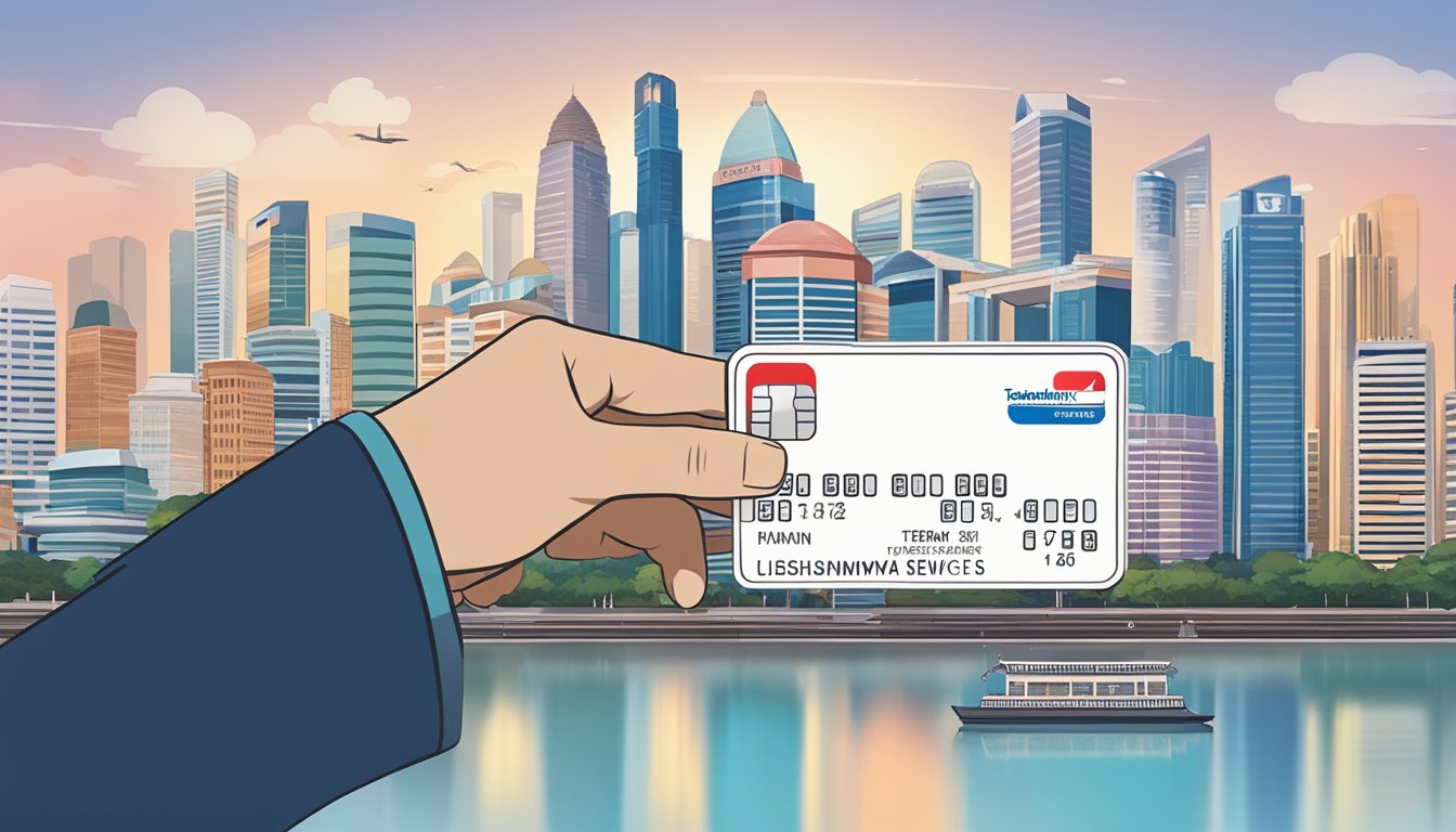 A hand holding a Takashimaya debit card with a backdrop of the iconic Singapore skyline and the words "Terms and Additional Services" displayed prominently