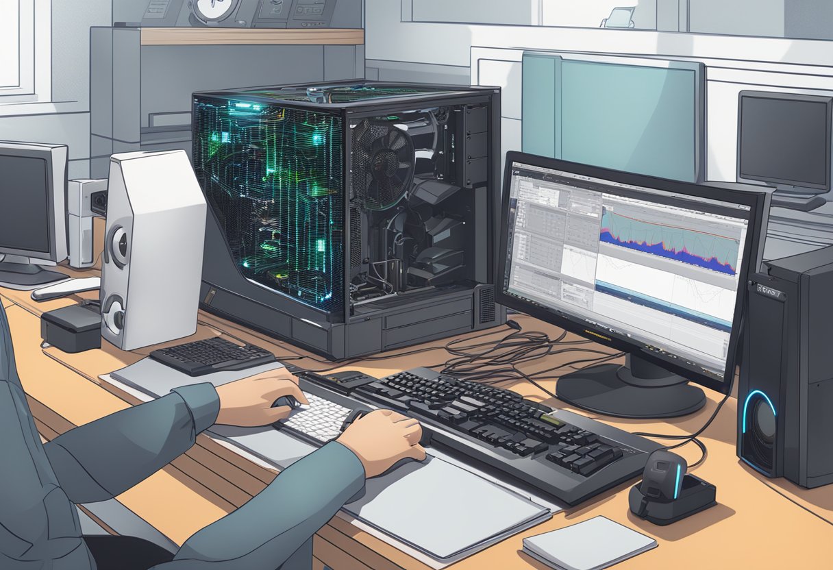 A computer with a GTX 1070 FTW graphics card being overclocked, with the user adjusting settings and monitoring performance on the screen