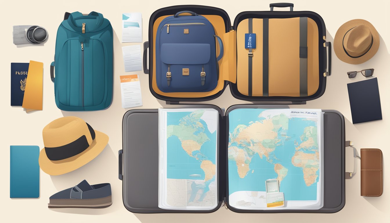 A traveler's suitcase overflowing with clothes, a passport, and a map, with a comprehensive travel insurance brochure from DBS Travel Marketplace in Singapore tucked inside