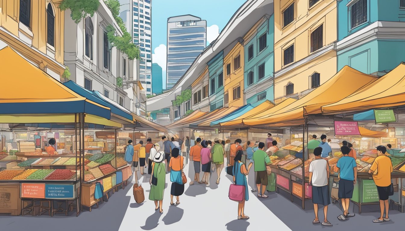 A busy marketplace in Singapore, with colorful stalls and people browsing. Signs display "Frequently Asked Questions" for DBS travel services