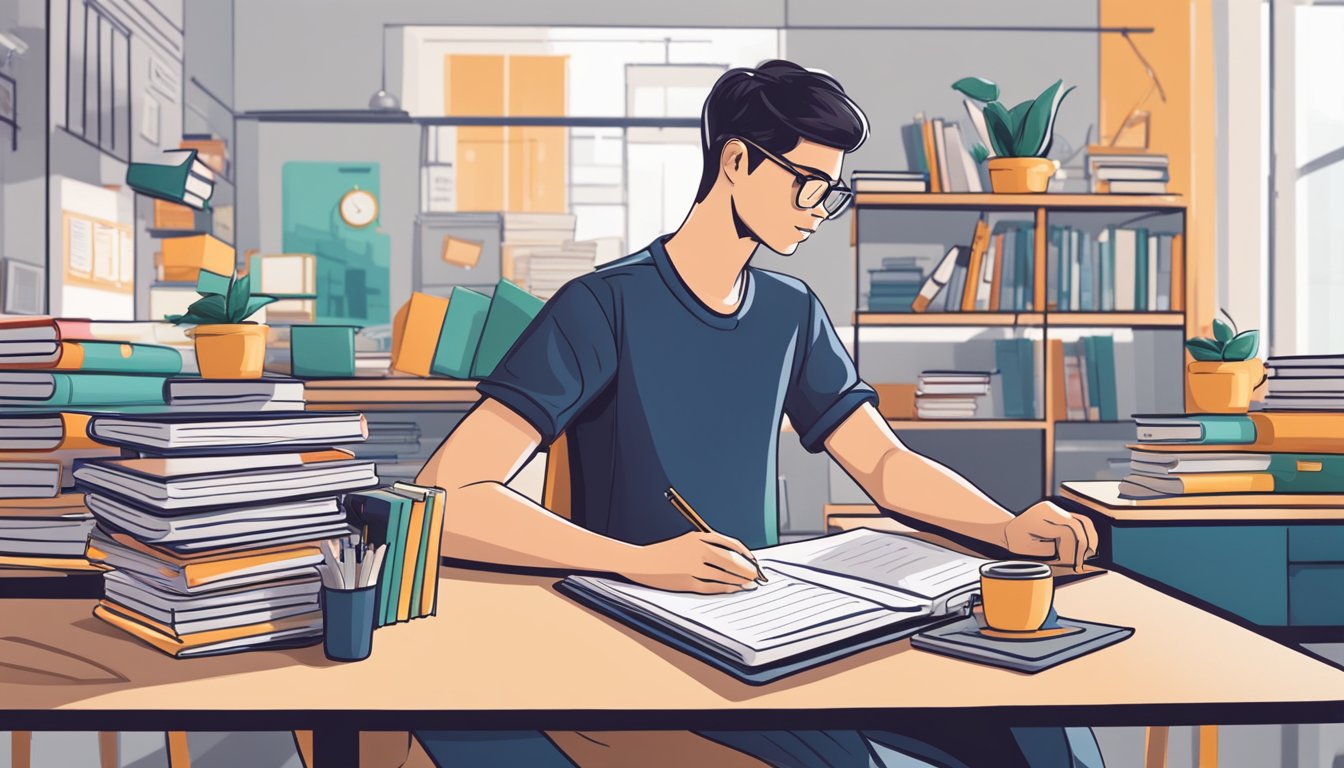 A student sitting at a desk, surrounded by textbooks and a laptop, filling out paperwork for a dbs tuition fee loan in Singapore