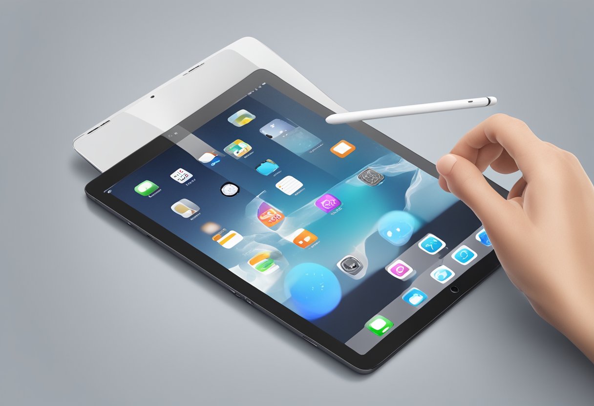 An iPad Mini lies on a flat surface with a finger pressing the power and home buttons simultaneously