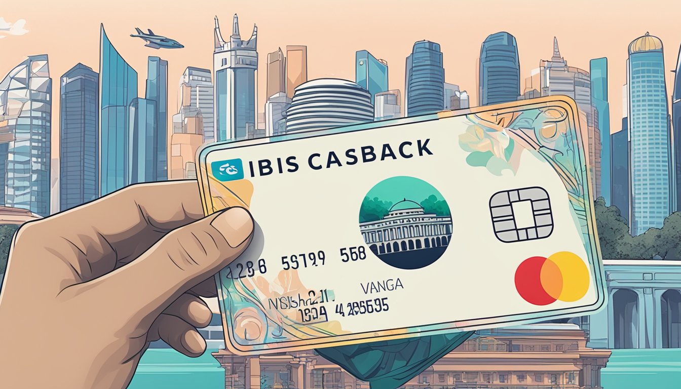 A hand holding a DBS Visa Debit card with "5% cashback" displayed, against a backdrop of iconic Singapore landmarks
