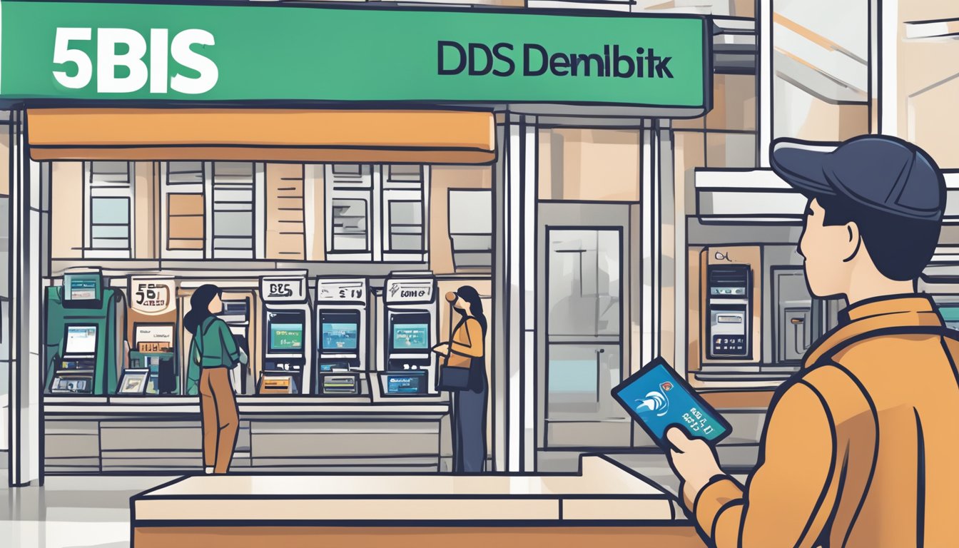 A customer swiping a DBS Visa Debit card at a store, with a "5% cashback" sign displayed prominently