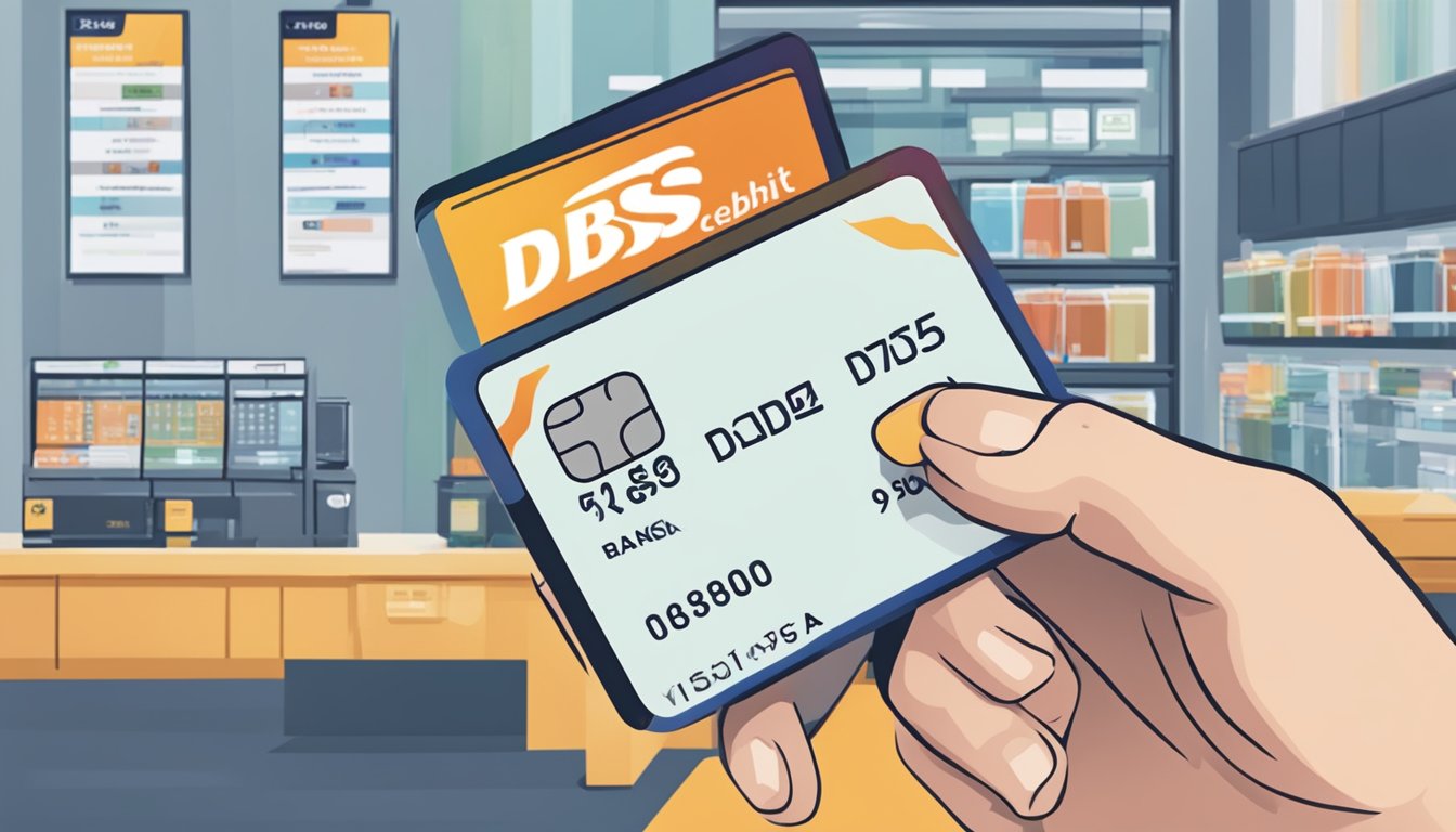 A hand holding a DBS Visa debit card with 5% cashback, with a digital banking interface in the background, representing DBS digital banking in Singapore