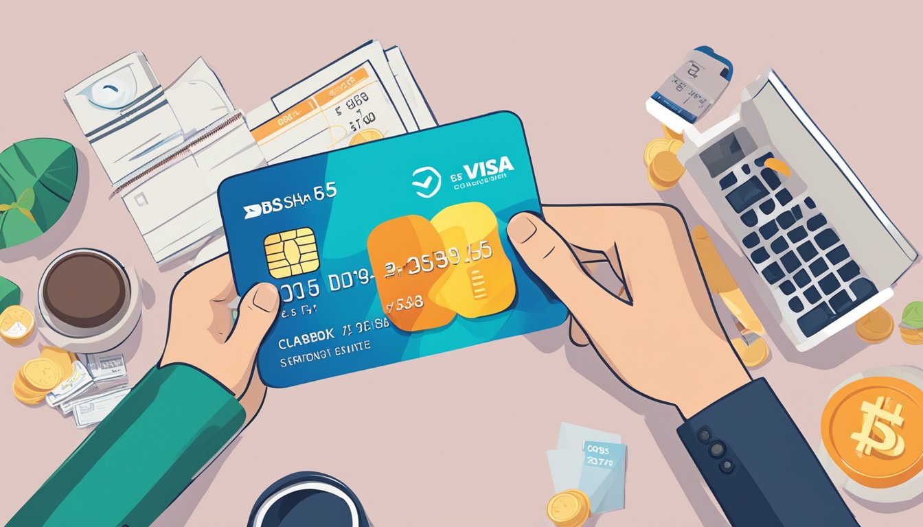 A hand holding a dbs visa debit card with "5% cashback" displayed, surrounded by various fees and charges in Singapore