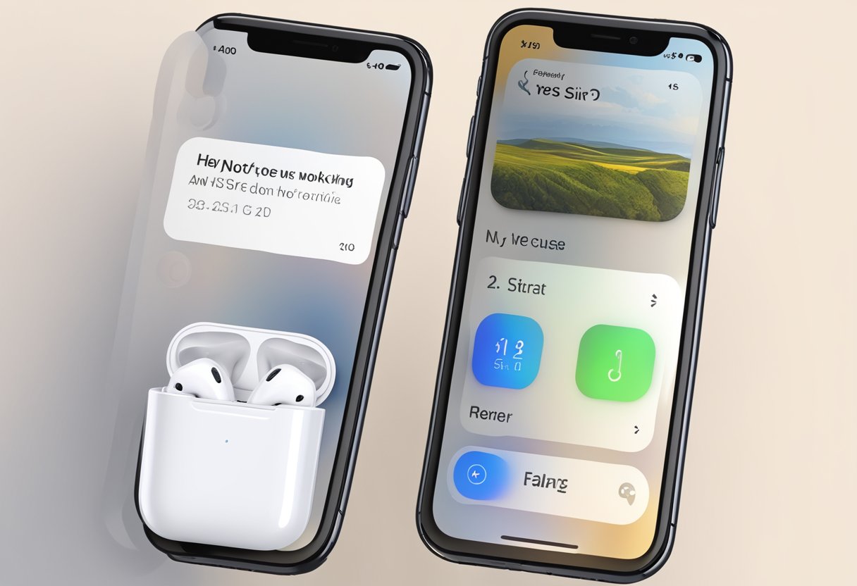 Airpods placed next to an iPhone screen displaying "Hey Siri not working" error message