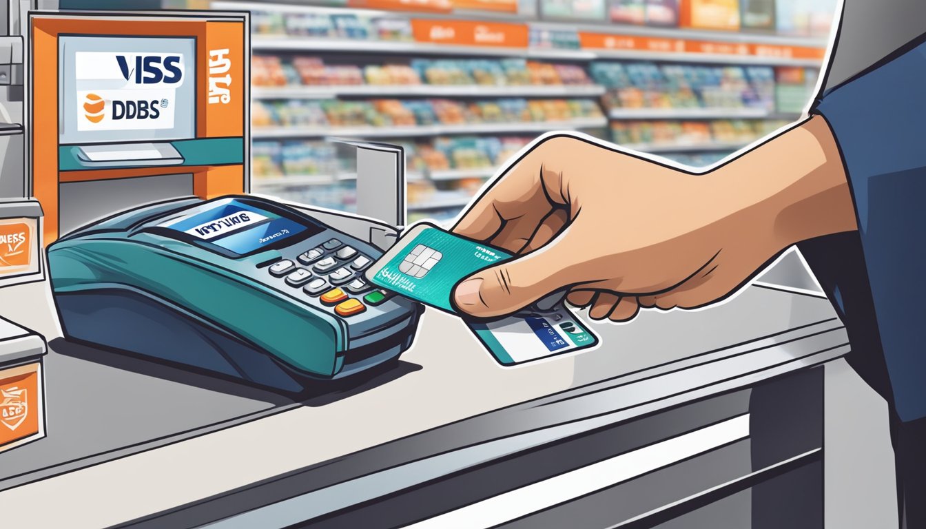 A hand swipes a DBS Visa Debit Card at a store, earning rewards and cashback. The card's logo is prominently displayed