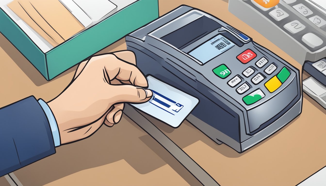 A hand holding a DBS Visa Debit Card making a payment at a store checkout counter. The card is being swiped or inserted into the card reader