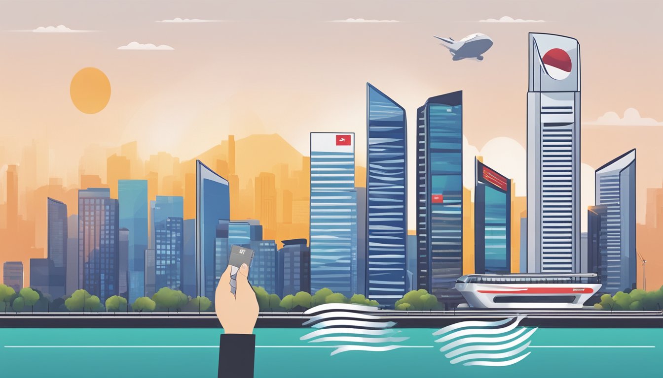 A hand reaches for a DBS Visa Debit Card against a backdrop of the Singapore skyline. The card features the DBS logo and sleek, modern design
