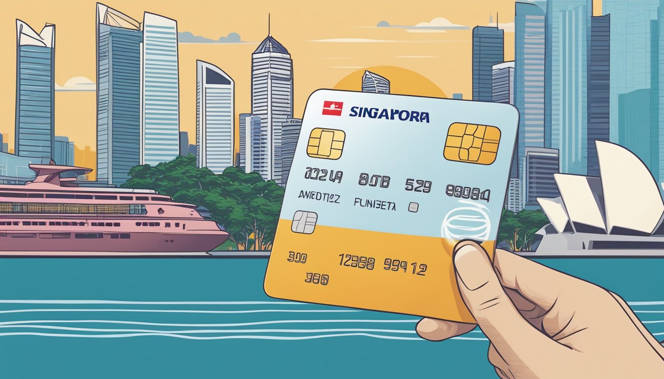 A hand holding a DBS Visa Debit card with a Singapore skyline in the background. The card is being used for a transaction at a local merchant