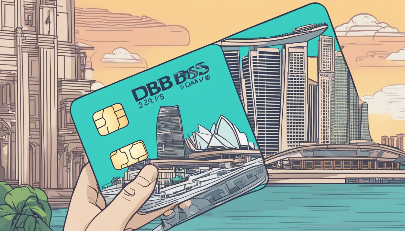 A hand holds a DBS Visa Platinum debit card against a backdrop of iconic Singapore landmarks