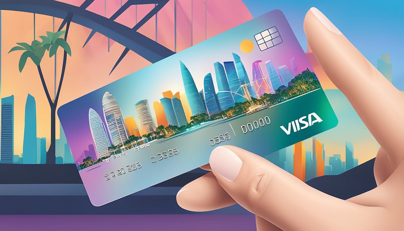 A hand holds a sleek, metallic dbs visa platinum debit card against a backdrop of iconic Singapore landmarks and vibrant cityscape