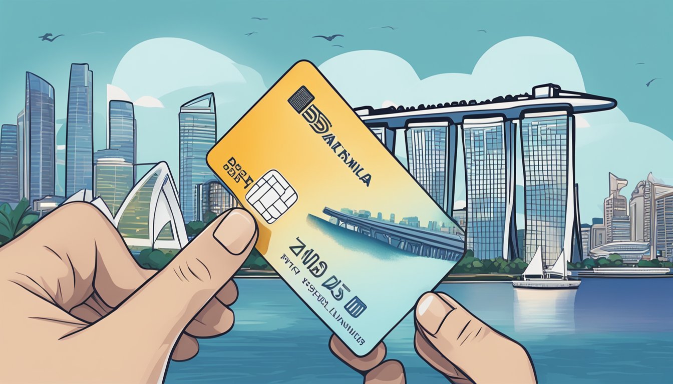 A hand holding a DBS Visa Platinum debit card against a backdrop of iconic Singapore landmarks, such as the Marina Bay Sands and the Singapore Flyer