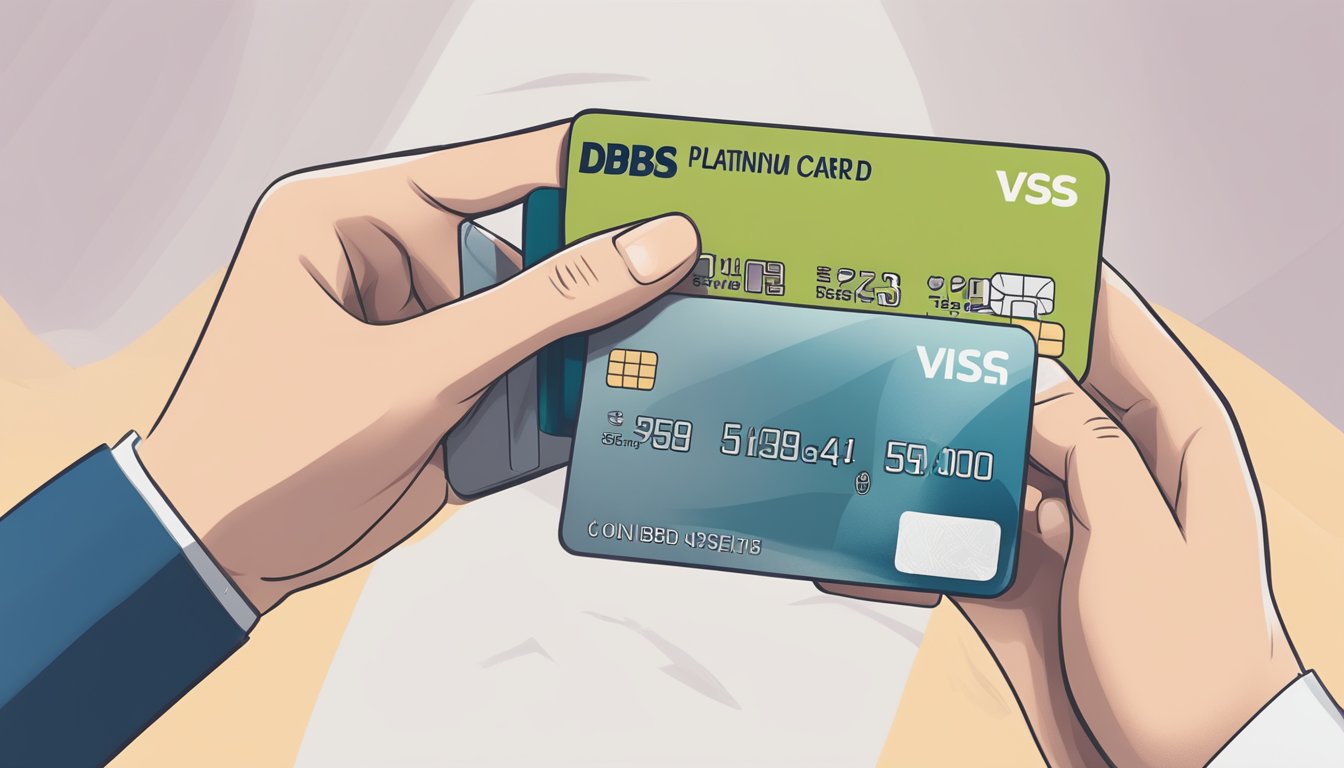 A hand holding a dbs visa platinum debit card with fees and charges displayed in the background