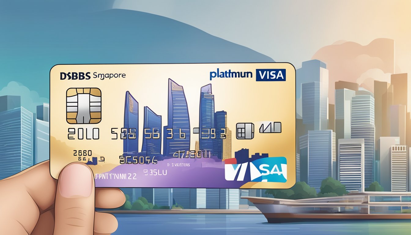 A hand holding a dbs visa platinum debit card with Singapore skyline in the background
