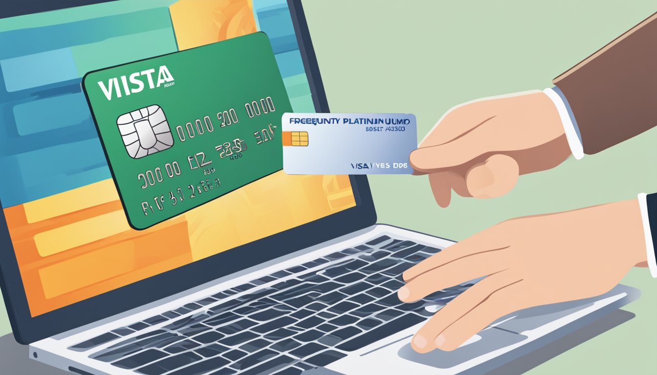 A hand holding a dbs visa platinum debit card with "Frequently Asked Questions" text on a computer screen in the background