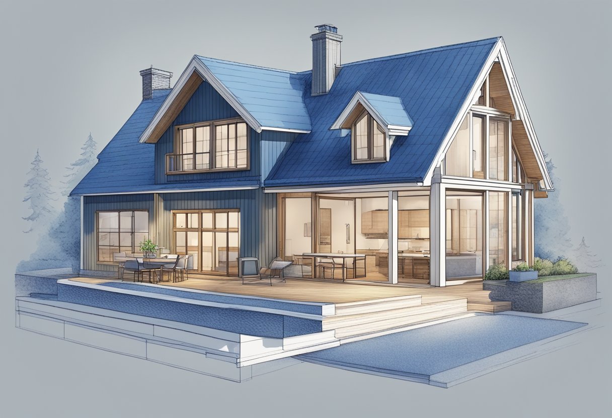 A blueprint of a dream house being carefully sketched out, with measurements and design elements being meticulously planned out in a cozy Danish setting