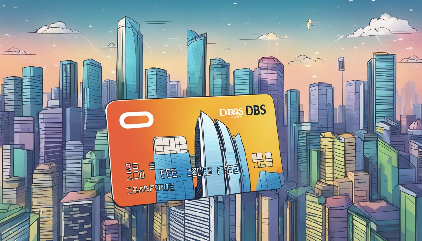 A DBS credit card floating above a Singapore skyline, with a "waived annual fee" banner flying behind it