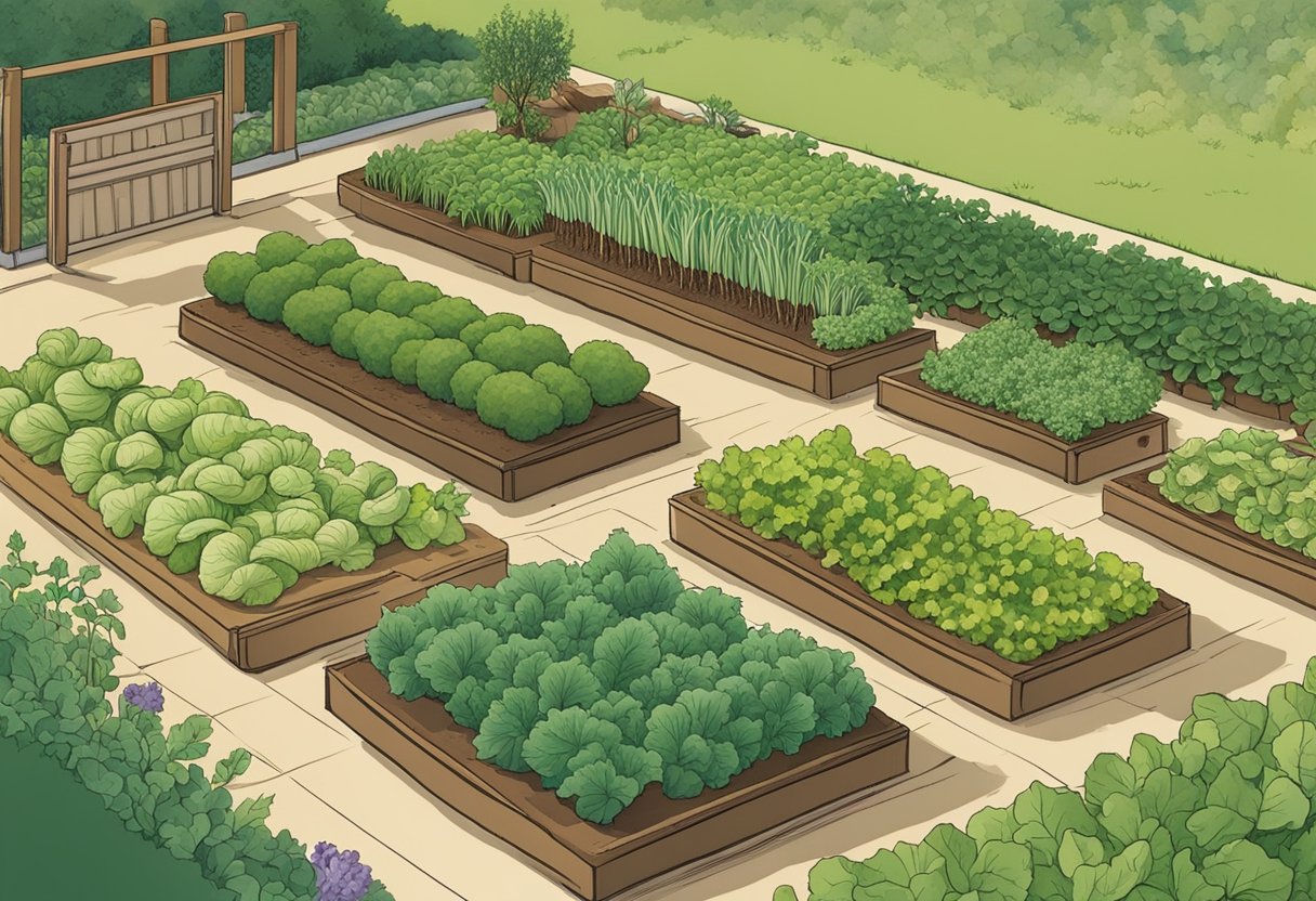 A garden planner lays out rows of vegetables in a sunny, well-drained spot. A variety of plants, from leafy greens to root vegetables, are carefully spaced and labeled