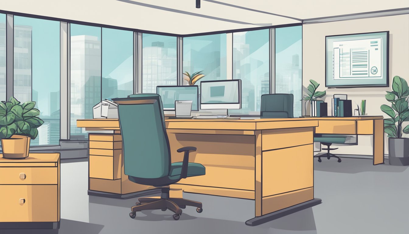 A hand reaches out to waive a late fee, symbolized by a crossed-out dollar sign. The scene is set in a clean and professional office environment, with modern furniture and a computer screen displaying the waived fee confirmation