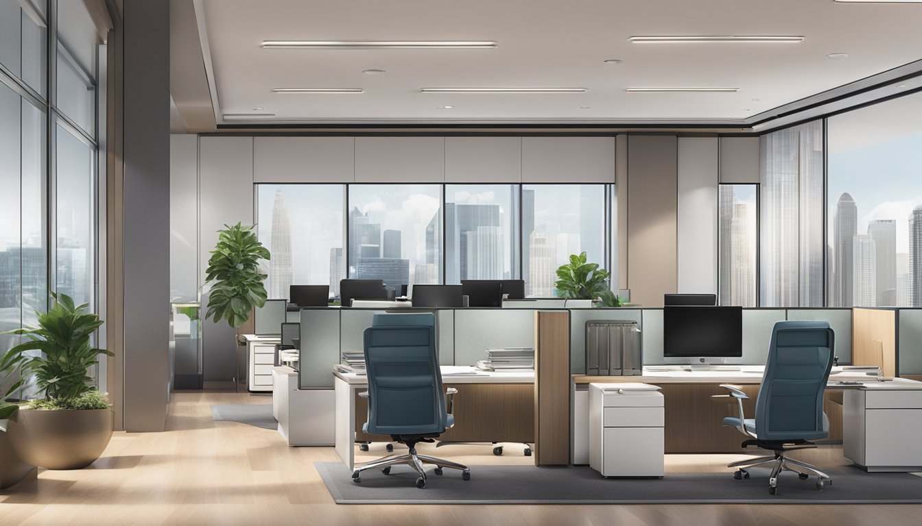 A modern office space with the dbs wealth management logo prominently displayed, surrounded by sleek furniture and sophisticated technology