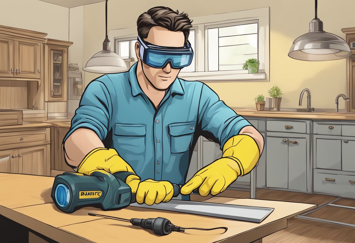 A person wearing safety goggles and gloves while using power tools to make home improvements