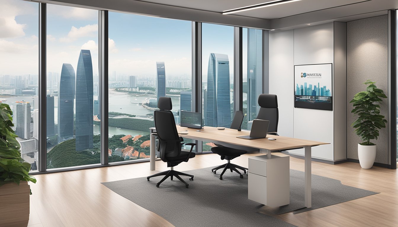 A modern office with sleek furniture and a panoramic view of the Singapore skyline. The DBS Wealth Management logo is prominently displayed on the wall