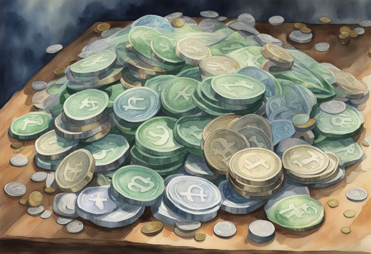 A pile of kaelo money sits on a wooden table, surrounded by scattered coins and bills of various denominations
