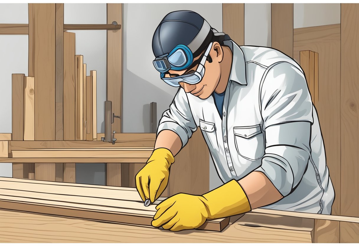 A person wearing safety goggles and gloves, carefully measuring and cutting wood for a DIY home improvement project