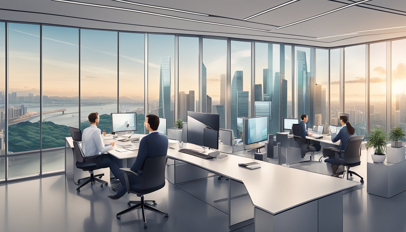 A sleek, modern office with a panoramic view of the Singapore skyline. A team of financial experts discussing investment strategies and insights at DBS Wealth Management