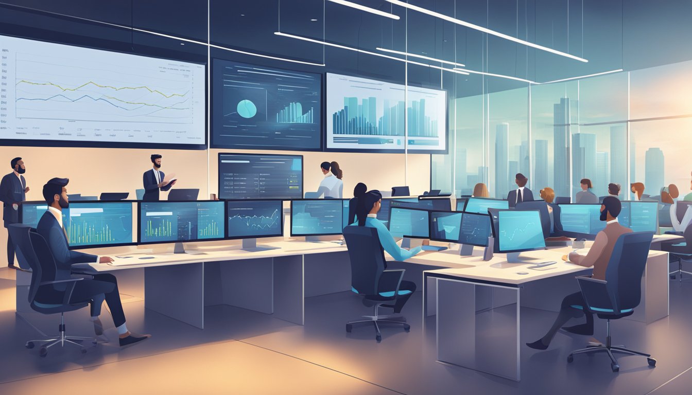 A sleek, modern office space with digital screens displaying financial data. The room is filled with professionals collaborating on innovative wealth management strategies