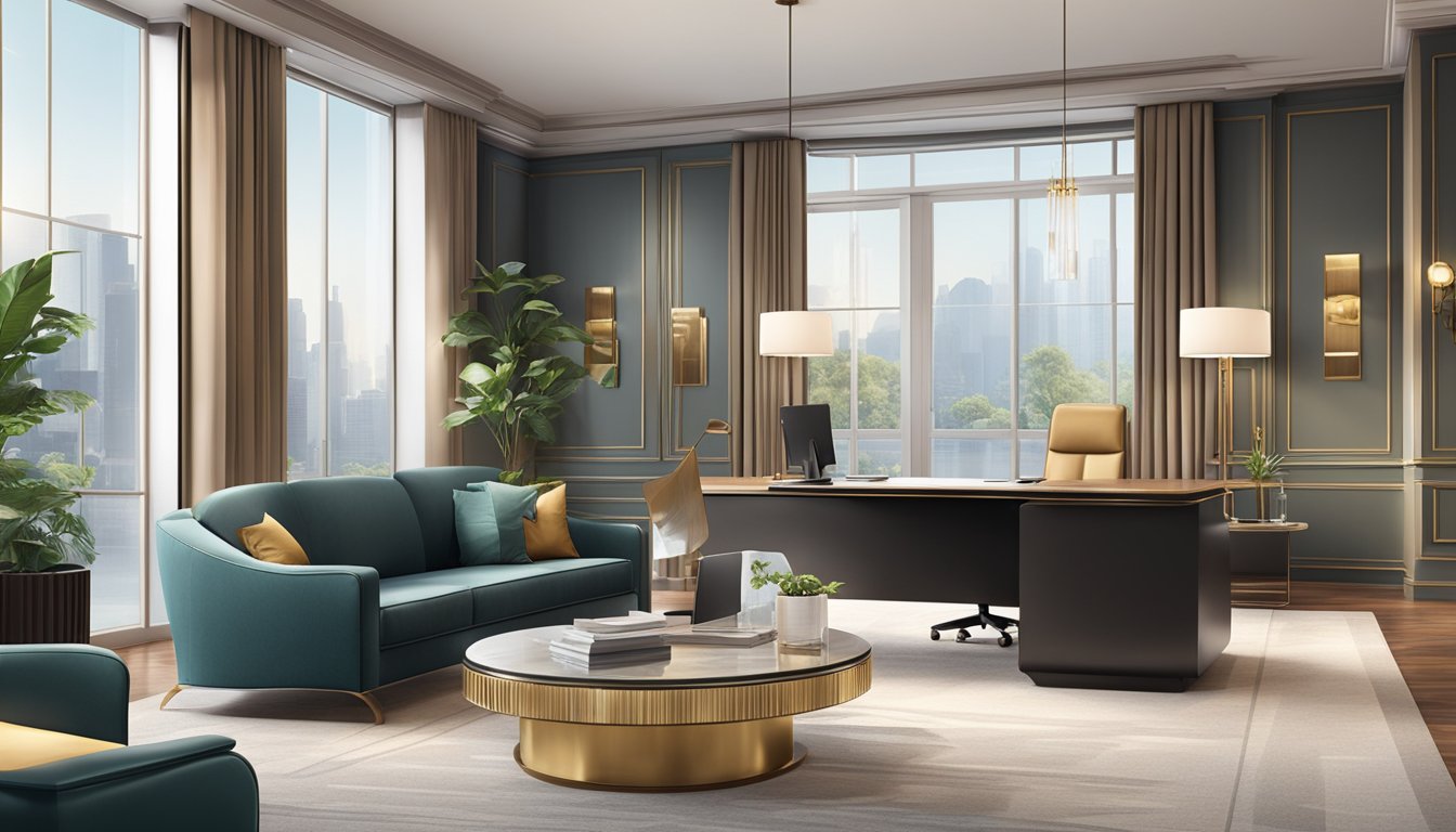 A luxurious office setting with modern furniture and high-end decor. A bank representative provides personalized financial services to a client