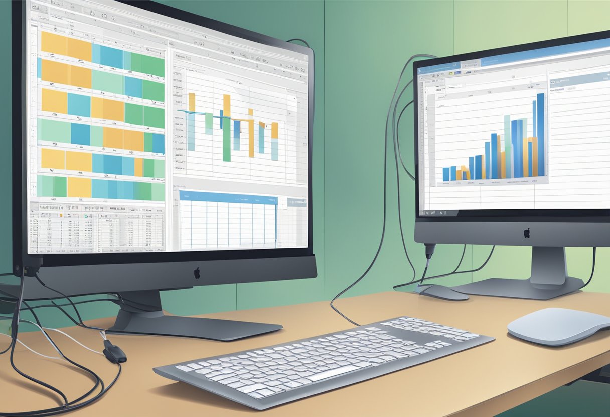 Two computer monitors connected with cables to a desktop computer. One monitor displays a spreadsheet, while the other shows a video call