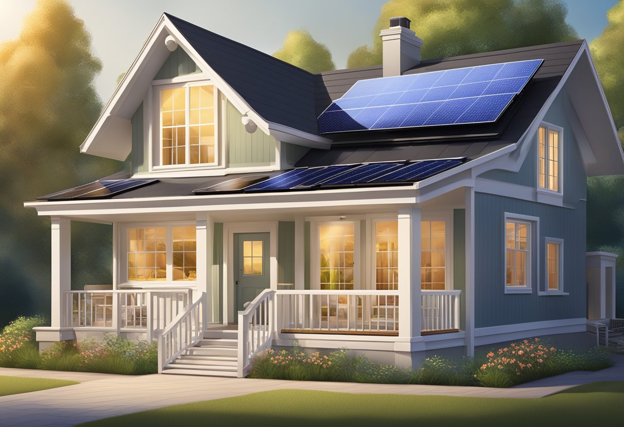 A home with energy-efficient features: LED lights, smart thermostat, double-pane windows, and solar panels on the roof