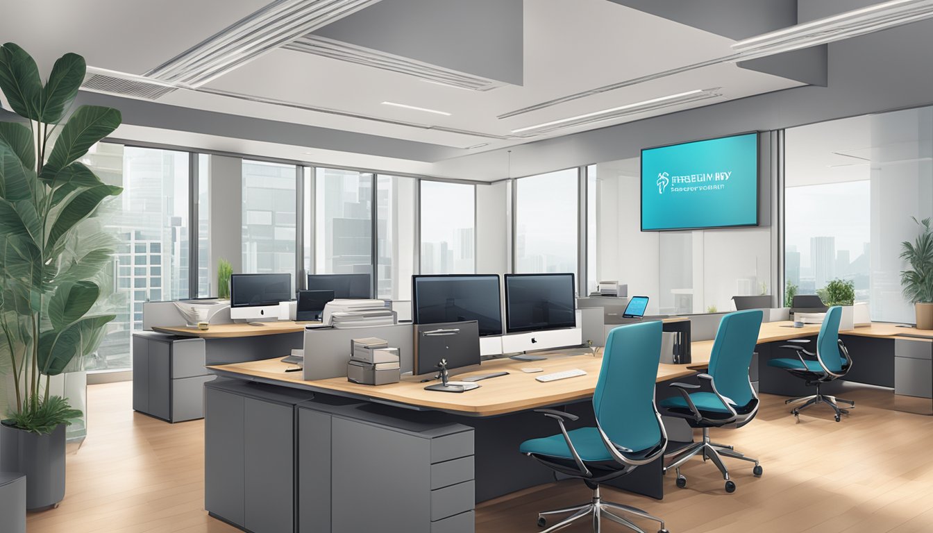A sleek and modern office setting with a prominent "Frequently Asked Questions" sign and the DBS Wealth Management logo in Singapore