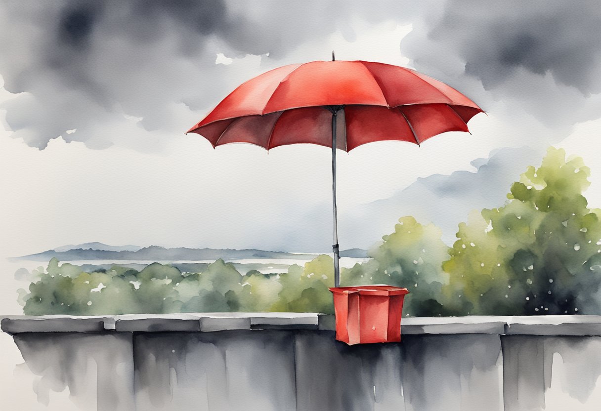 A bright red umbrella stands out against the grey rainy sky, with a gust of wind blowing it inside out