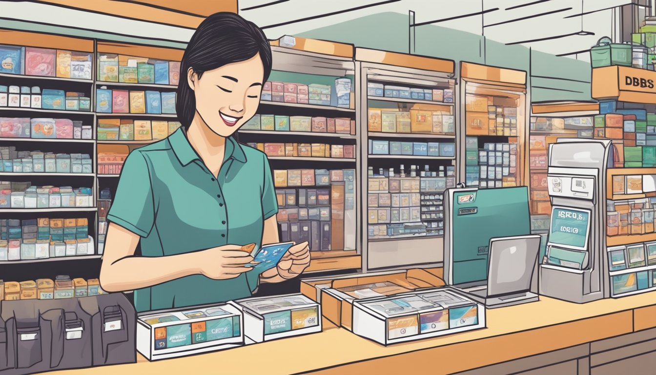 A woman swipes her DBS card at a Singaporean store