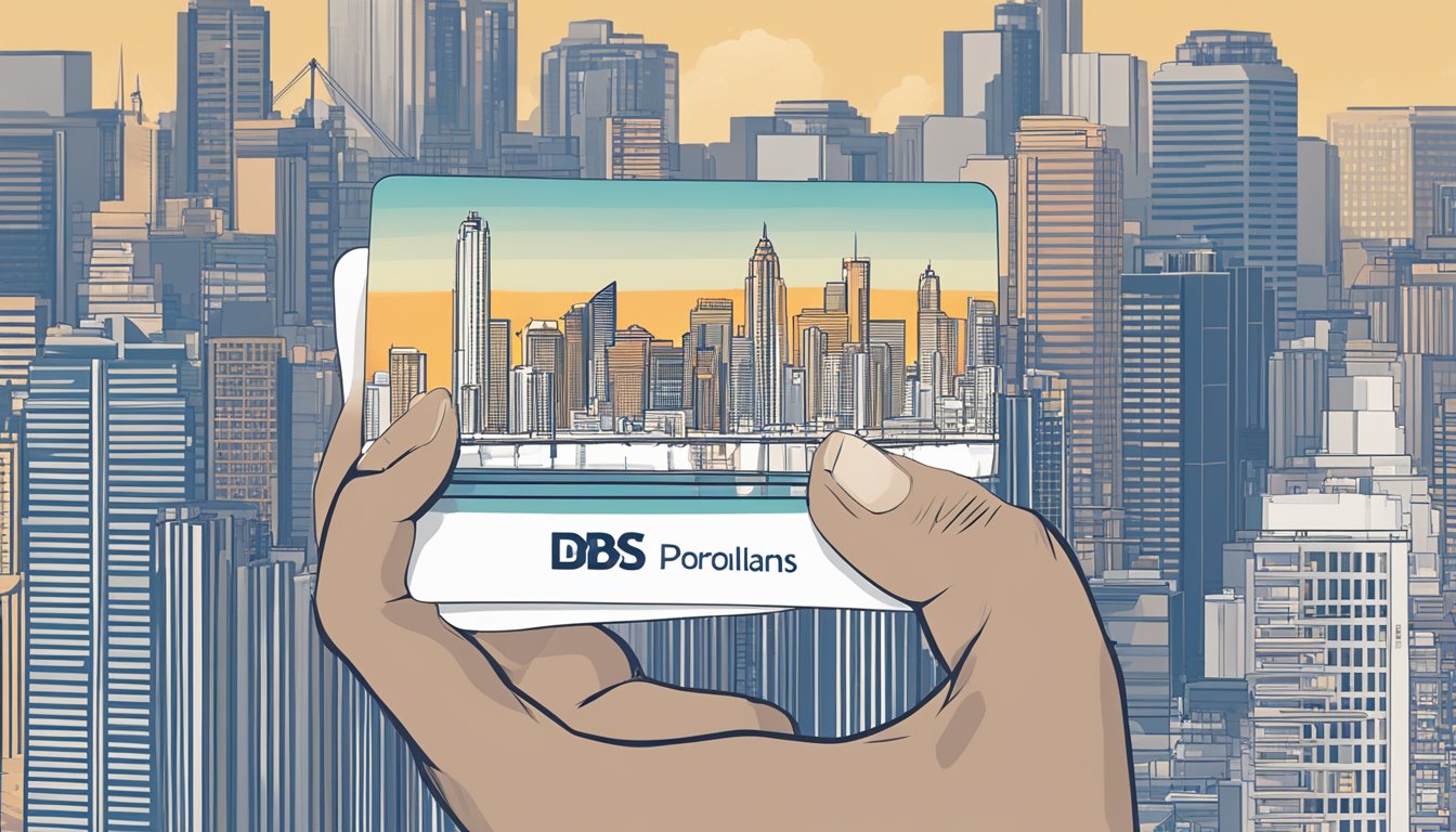 A hand holding a DBS Woman Card with a modern city skyline in the background. The card features a sleek design with the DBS logo prominently displayed